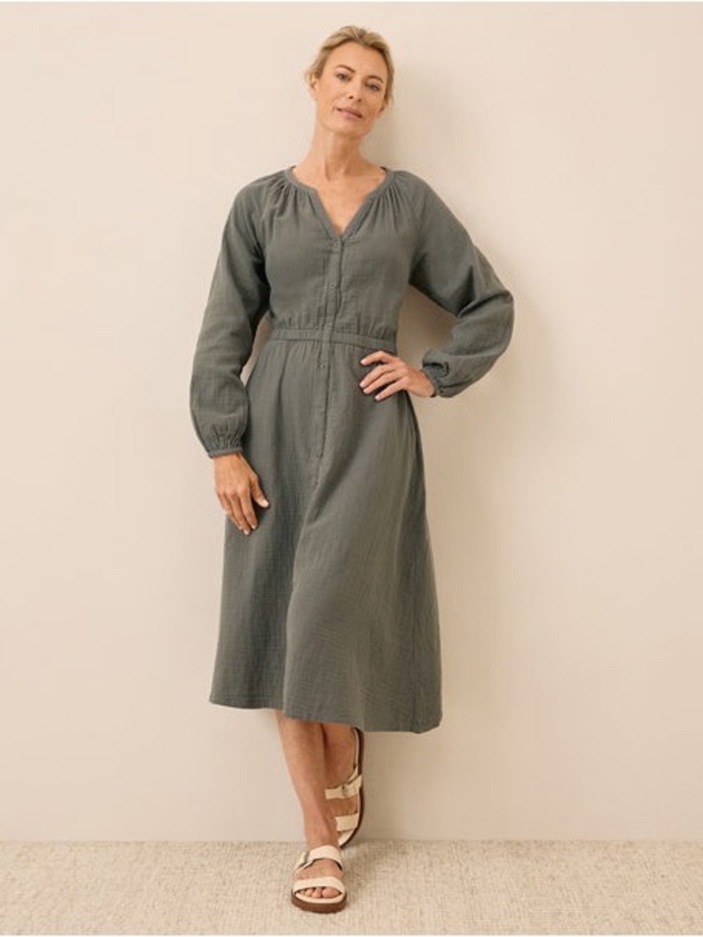 Pact Coastal Double Gauze Poet Sleeve Midi Dress Castor Green Small